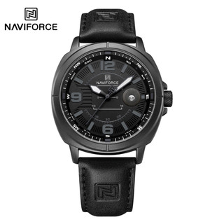 ساعت مچی مردانه نیوی فورس NF8078 با بند چرم مشکی، قاب و صفحه مشکی و جزئیات خاکستری