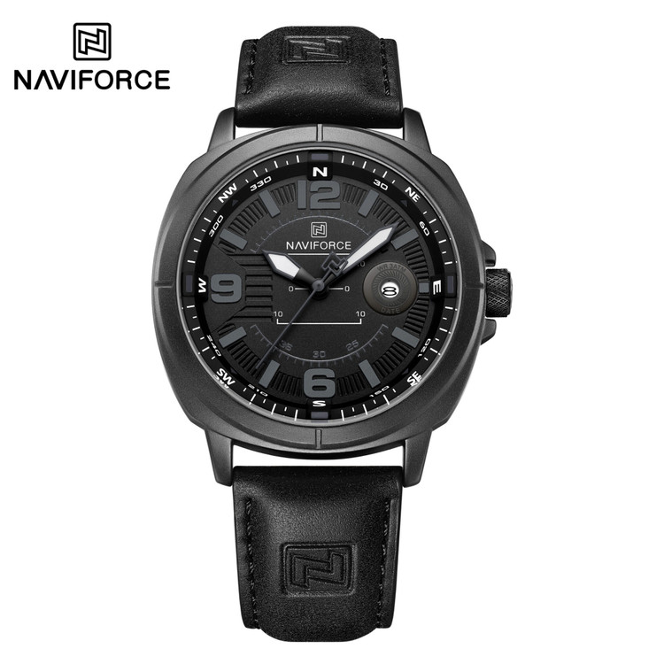 ساعت مچی مردانه نیوی فورس NF8078 با بند چرم مشکی، قاب و صفحه مشکی و جزئیات خاکستری