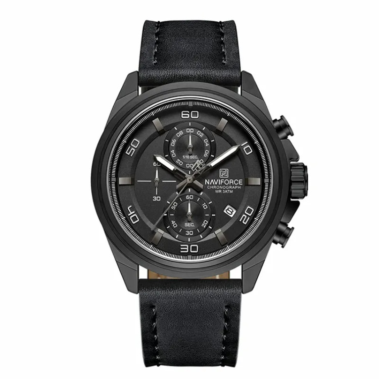 ساعت مچی مردانه نیوی فورس NF8075 عقربهای سه موتوره بند مشکی و صفحه مشکی با جزئیات خاکستری