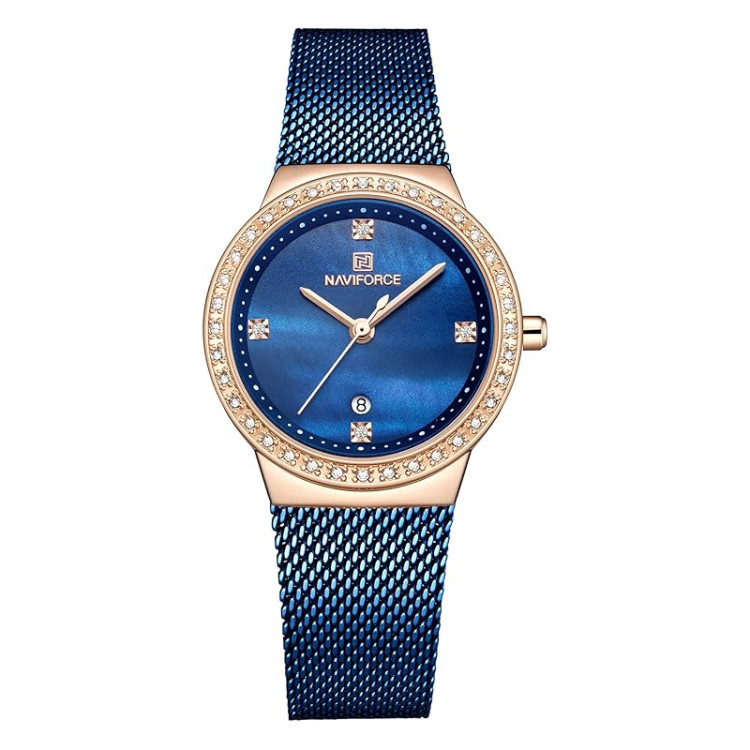 ساعت مچی عقربهای زنانه نیوی فورس مدل NF5004 با صفحه و بند آبی، قاب طلایی و بند استیل