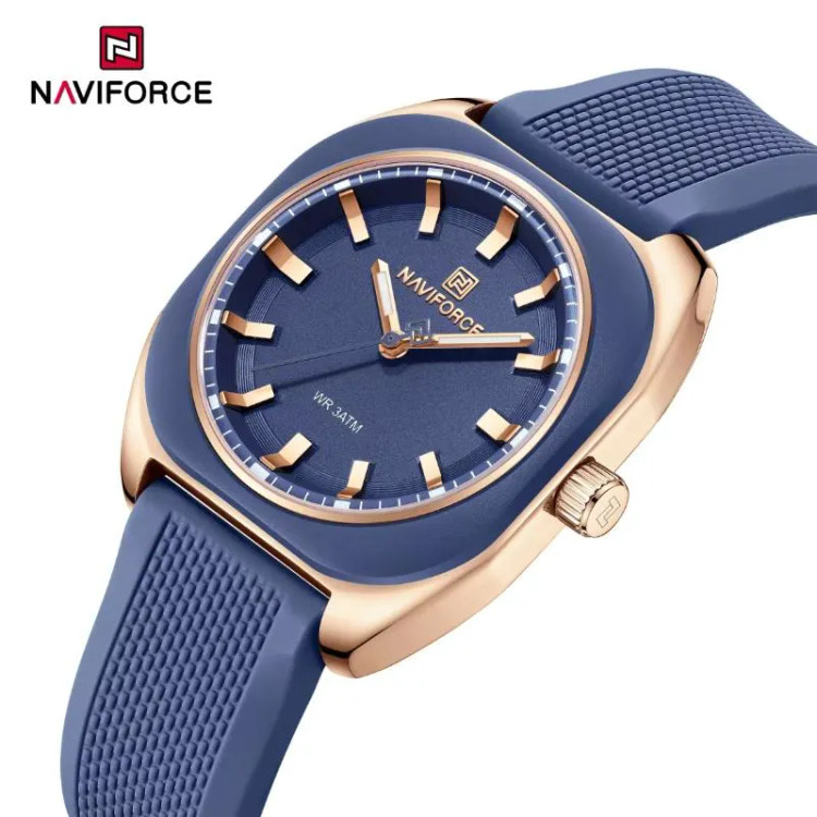 ساعت مچی زنانه نیوی فورس مدل NF5061 با بند و صفحه آبی، قاب طلایی و طراحی صفحه مربعی