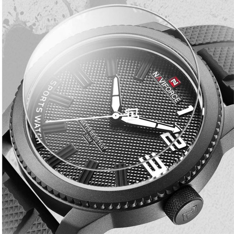 ساعت مچی مردانه نیوی فورس مدل NF9202 با بند سیلیکونی مشکی، صفحه مشکی و جزئیات سفید، مناسب استایل اسپرت، روزمره و دانشجویی