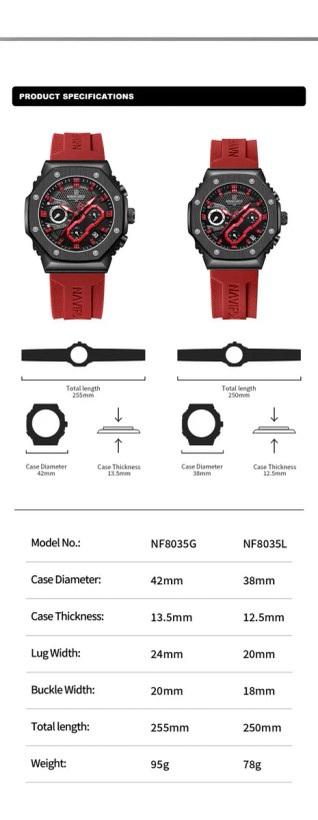 ست ساعت مچی زنانه و مردانه نیوی فورس مدل NF8035L با بند سیلیکونی قرمز، قاب مشکی و صفحه مشکی با جزئیات قرمز، مجهز به موتور کوارتز ژاپنی و طراحی اسپرت.