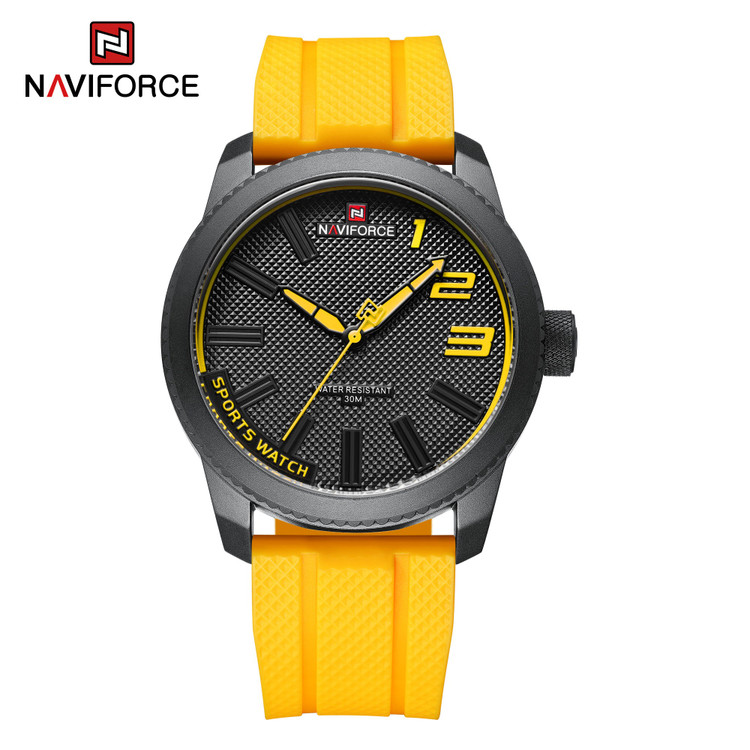 ساعت مچی اسپرت نیوی فورس مدل NF9202 با بند سیلیکونی زرد، قاب و صفحه مشکی با جزئیات زرد، طراحی پرانرژی و جوانپسند.